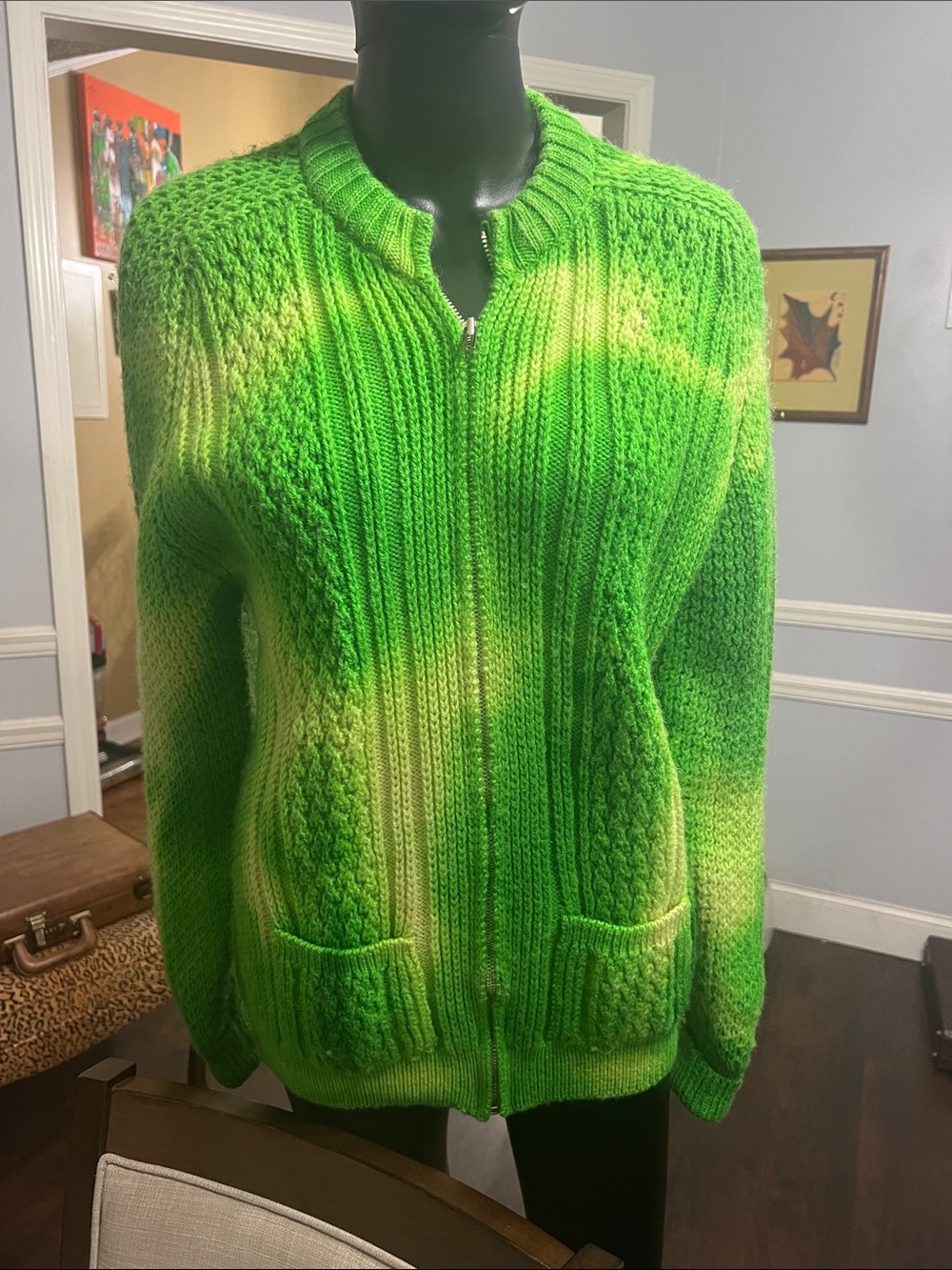 Vibrant Green Gradient Zip-Up Knit Cardigan Pure wool